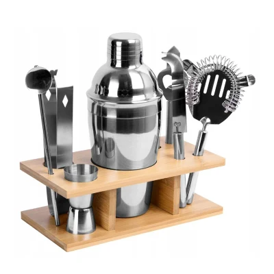 Stainless Steel Bar Set Bamboo Holder Kit Accessories Cocktail Shaker